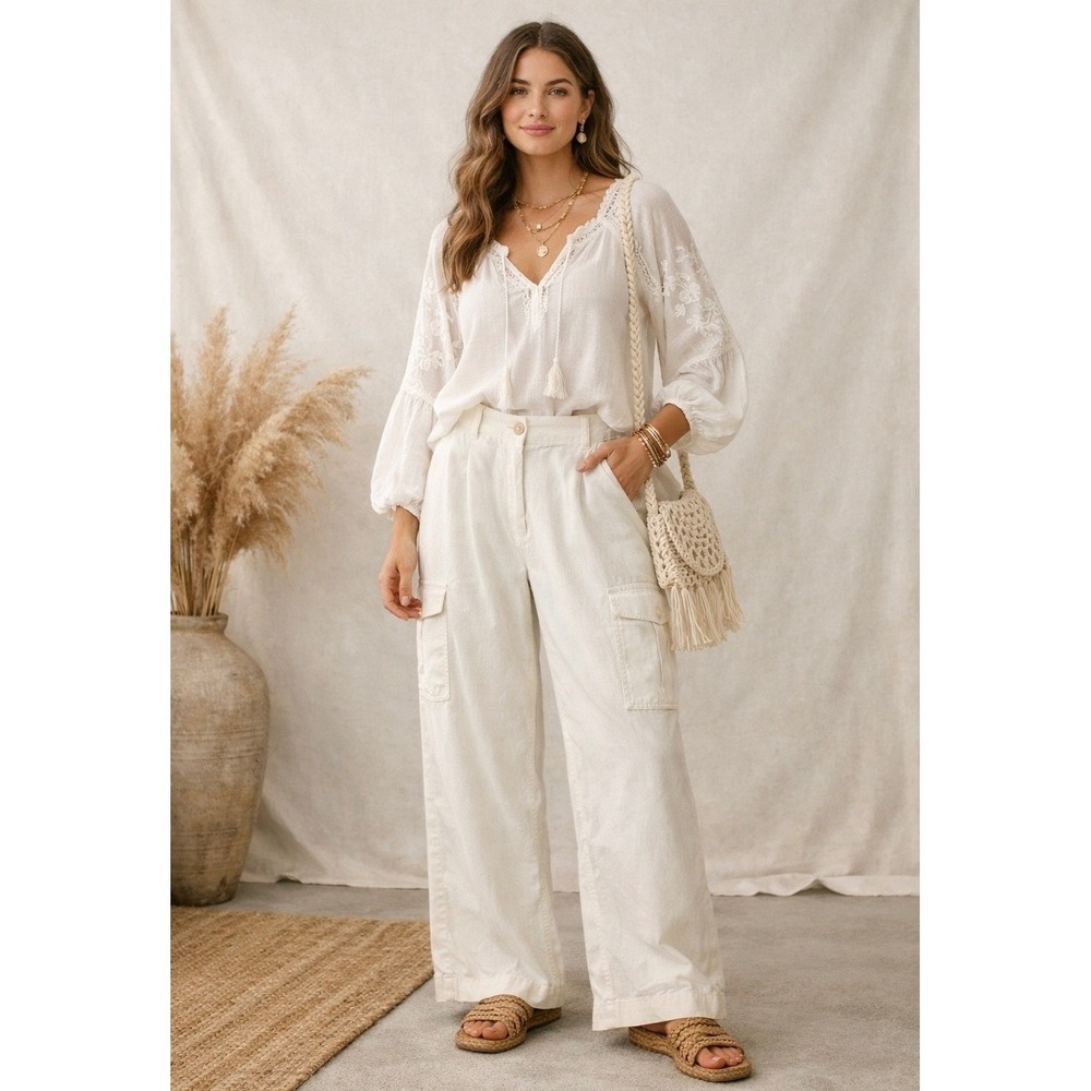 LOFT Ivory Cargo Pants 8 Wide Leg Boho Linen Blend Relaxed Style